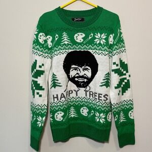Bob Ross Men's Large Green & White "Happy Trees" Holiday Fair Isle Sweater X-Mas